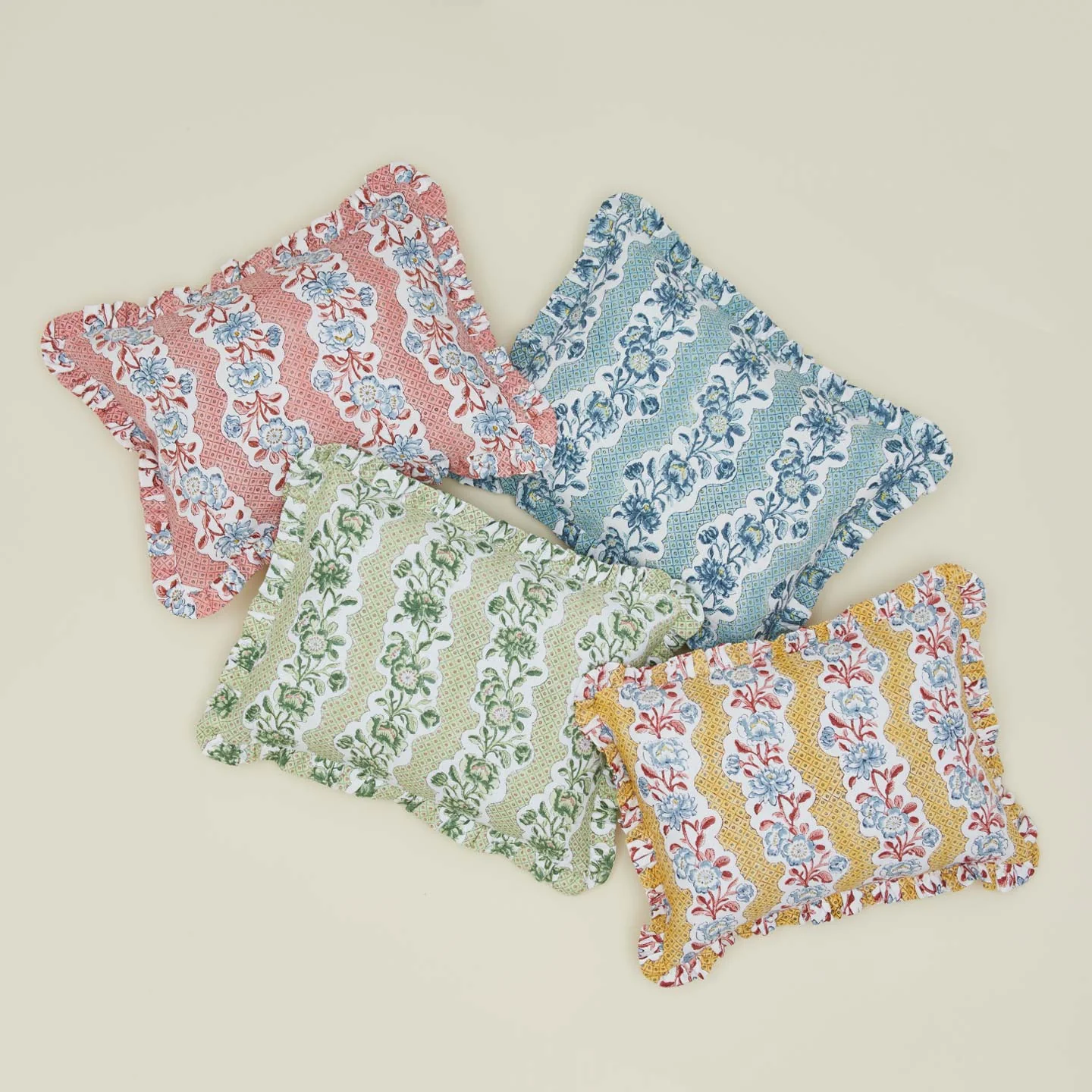 Block Printed Ruffled Pillow Cover - Olive Floral - Image 2